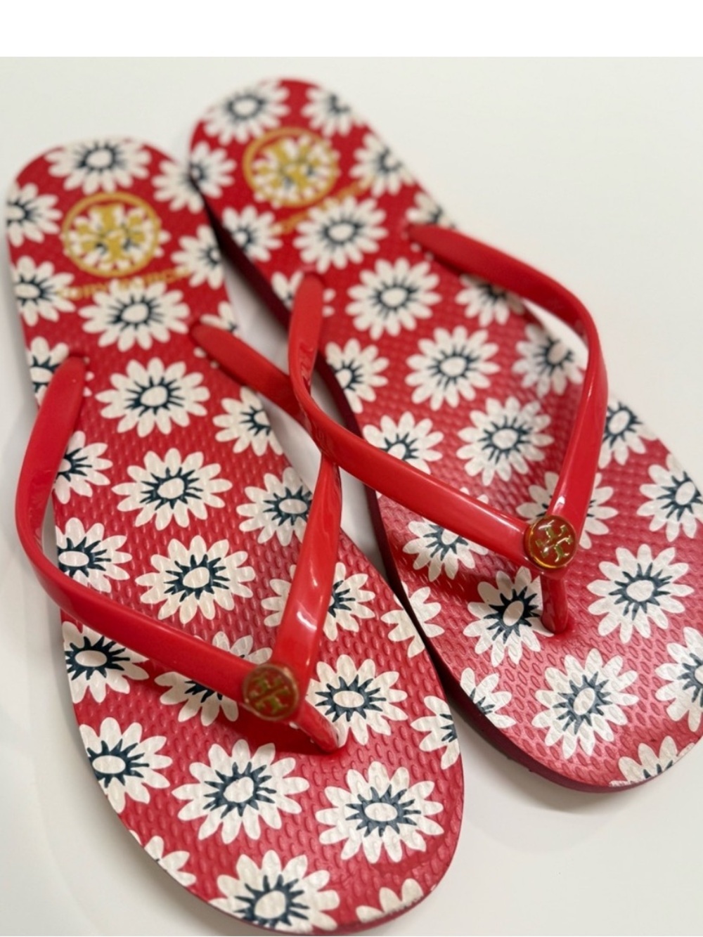 TORY BURCH RED NANTUCKET DAISY FLORAL FLIP SANDALS Size 9